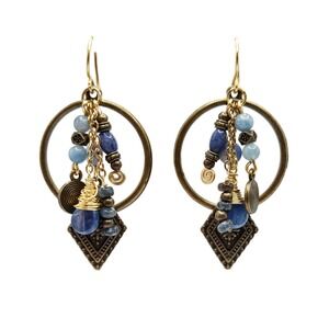 Boho Blue Kyanite Beaded Hoop Drop Earrings Antiqued Brass Geometric Dangle